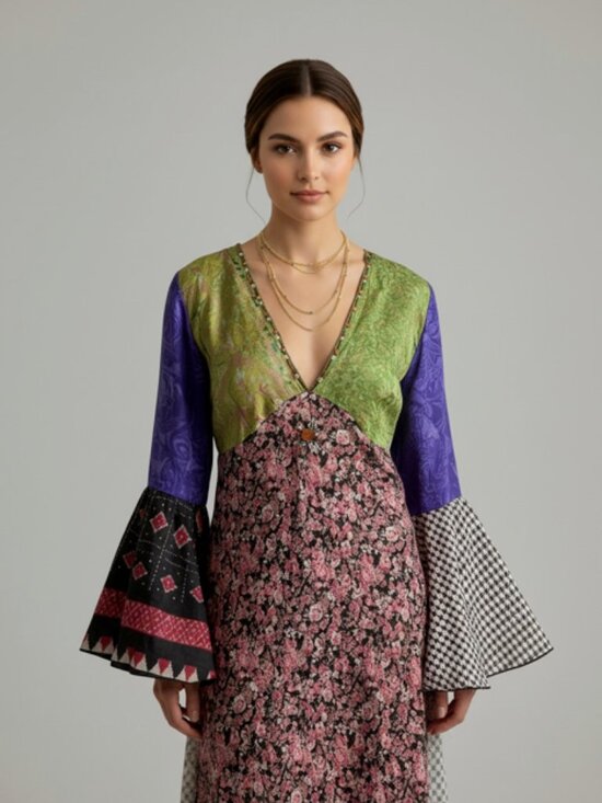 other Dresses & Skirts - Vintage Y2K Whimsigoth Patchwork Bell Sleeve Dress Beaded V-Neck Floral Boho